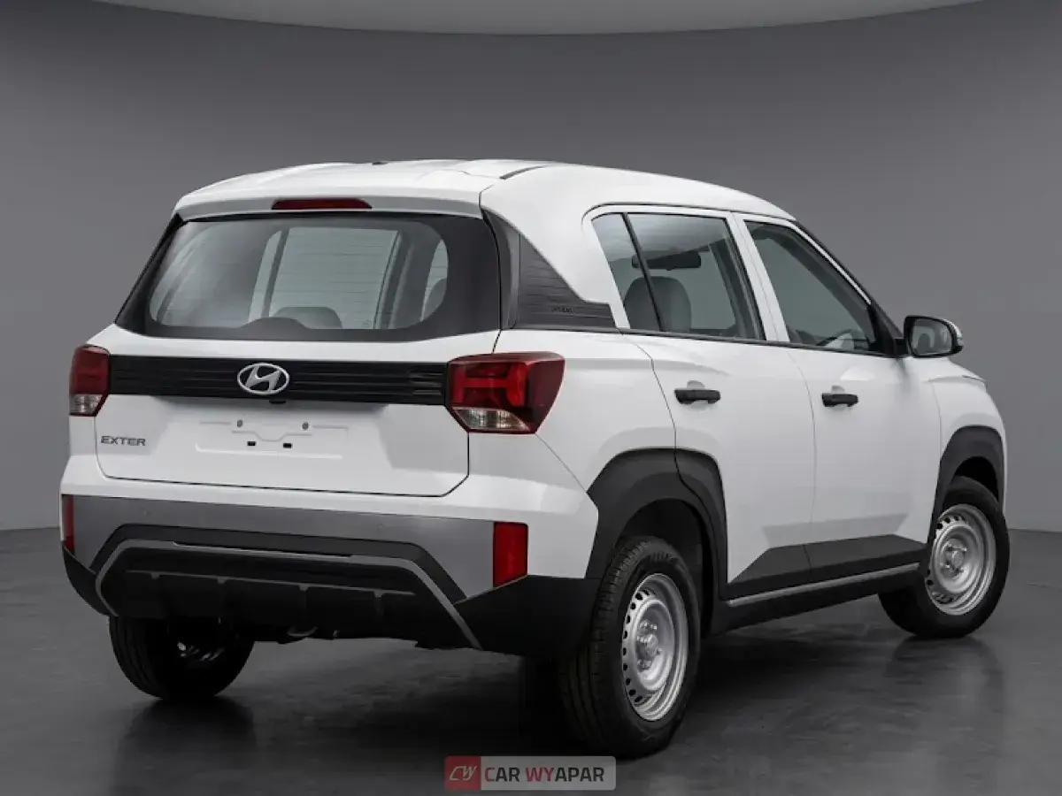 Rear view of a white Hyundai Exter highlighting the H-shaped LED tail lights and silver skid plate.